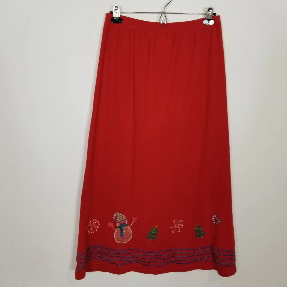 VTG Michael Simon Lite  Christmas Holiday Embroidered Skirt  L Red Elastic Waist